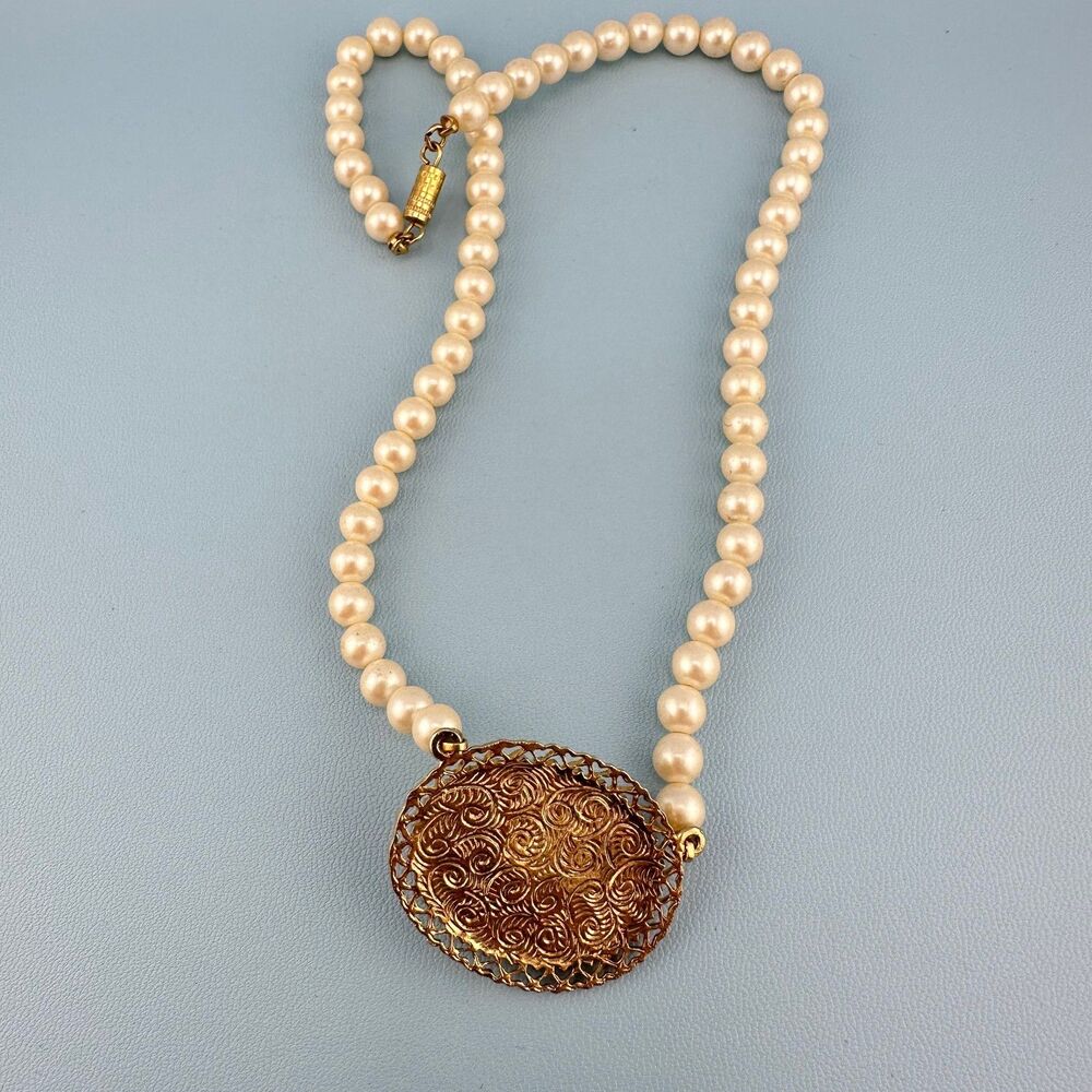 Vintage 1928 Porcelain Rose Station Pendant Necklace Faux Pearl Victorian Style - Picture 10 of 15